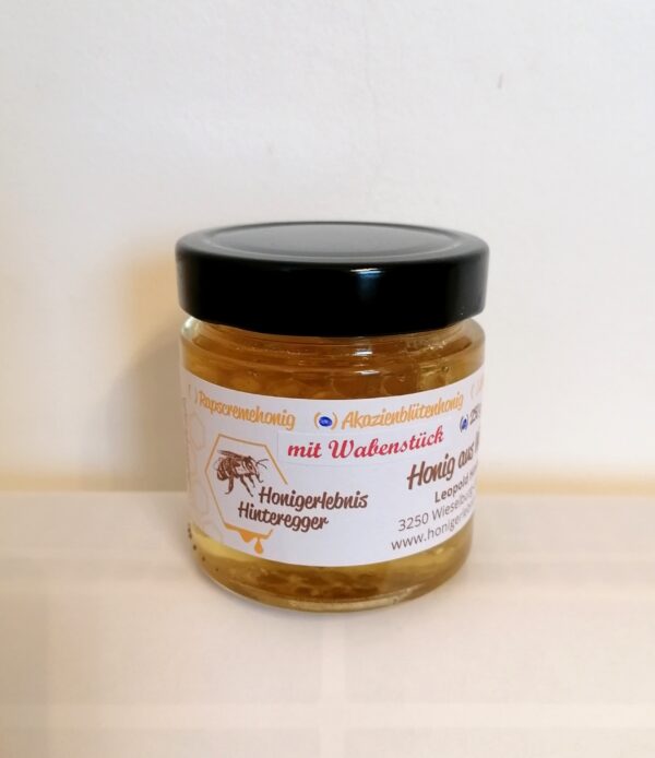 Akazienhonig mit Honigwabenstück im Glas / 250g